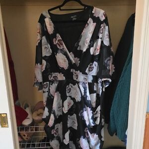 City Chic Black Floral Wrap Midi Dress with Soft Pink Blooms